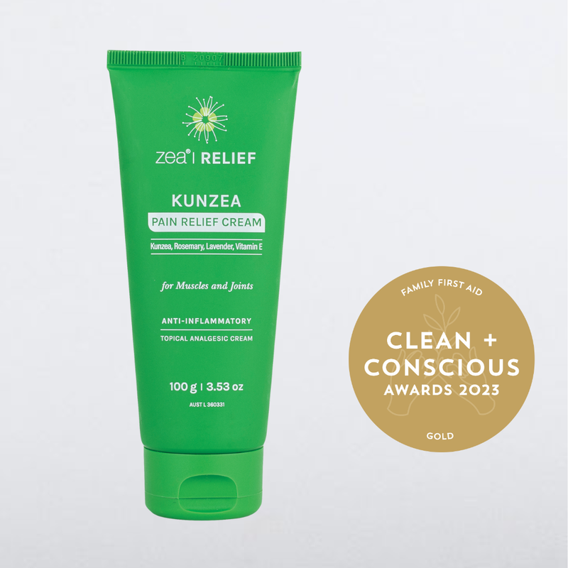 Green tube of Zea Relief Kunzea Pain Relief Cream with a gold award badge on a light gray background