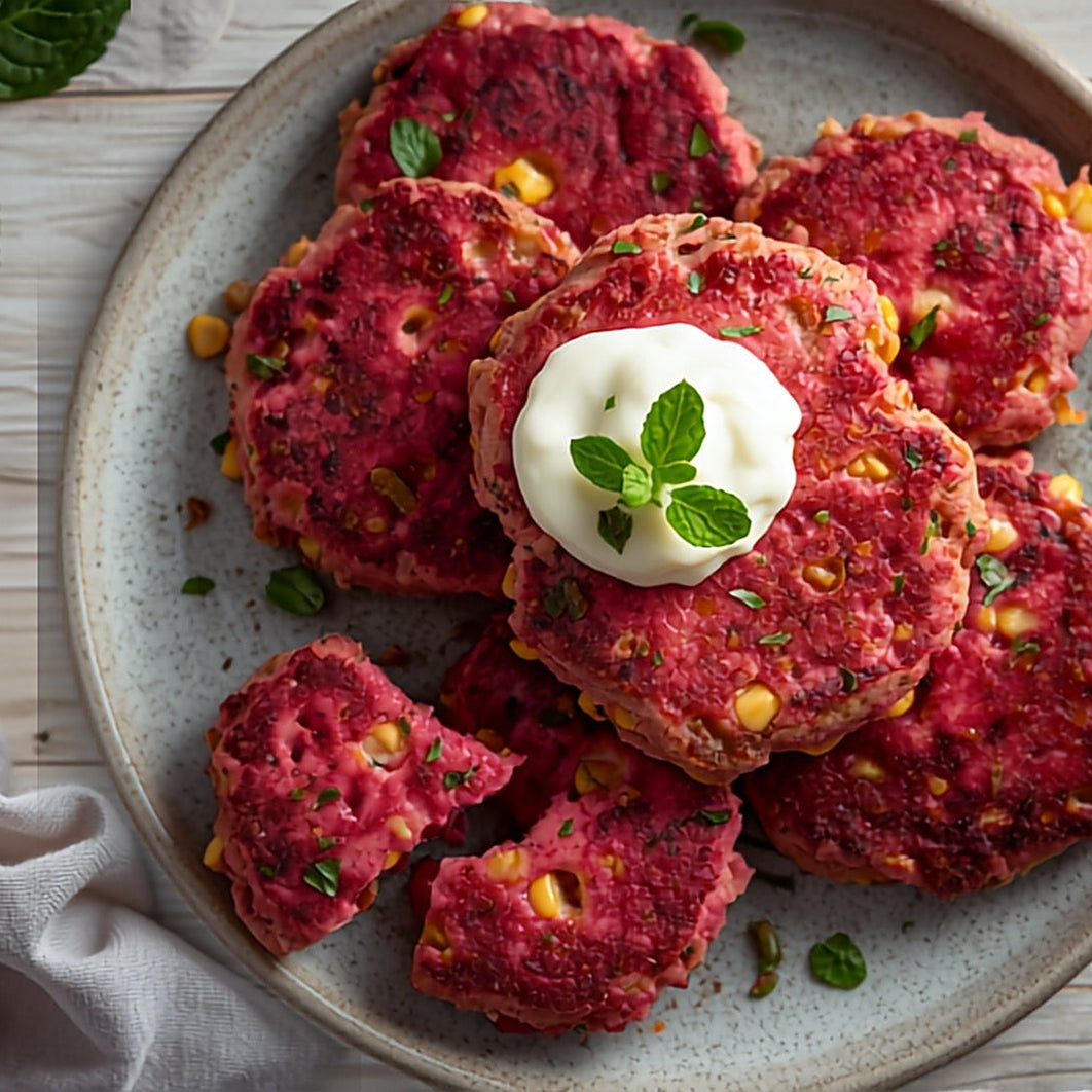 A plate of ruby pink beetroot and Kunzea fritters with a dollop of Wattleseed creme fraiche and fresh mint