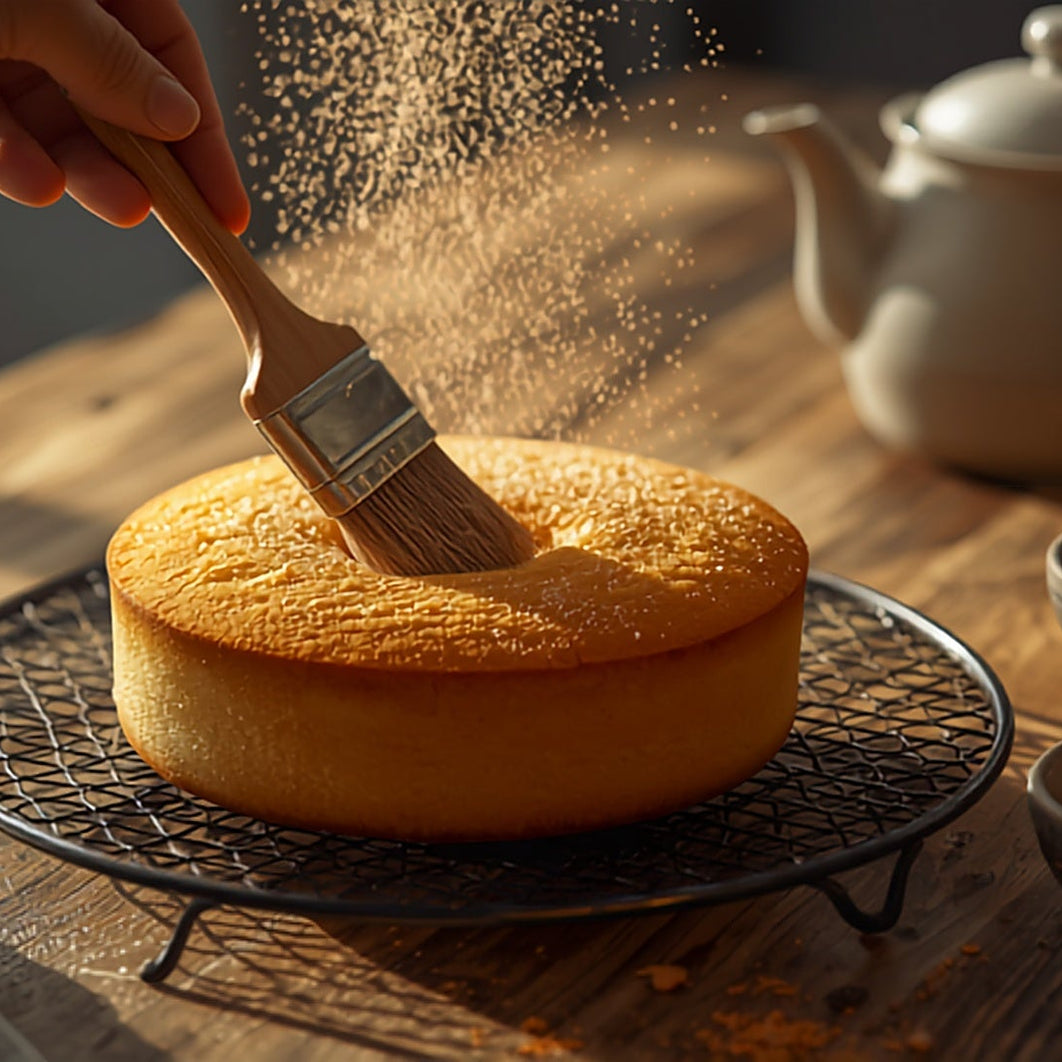 Golden Gum Leaf Tea Cake on a wire rack being brushed with melted butter and dusted with cinnamon sugar, small bowls of gum leaf spices and a teapot beside in warm afternoon light