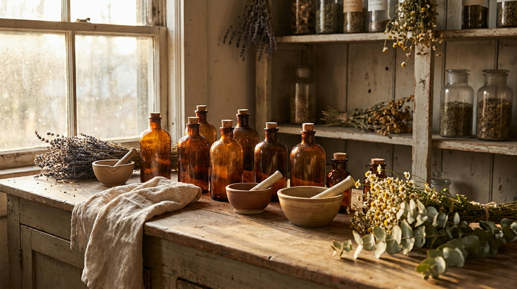 Unlabeled apothecary bottles evoke the old pharmacy tradition liniments come from