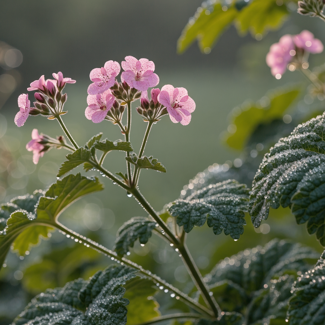 Pink rose-scented geranium flowers and crinkled lobed leaves in soft morning light