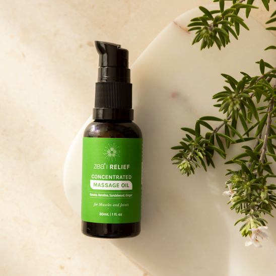 Kunzea Concentrated Massage Oil, styled product photograph